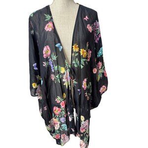 Johnny Was Floral Sheer Black Kimono Cardigan With Tassel Tie Closure Lightweigh